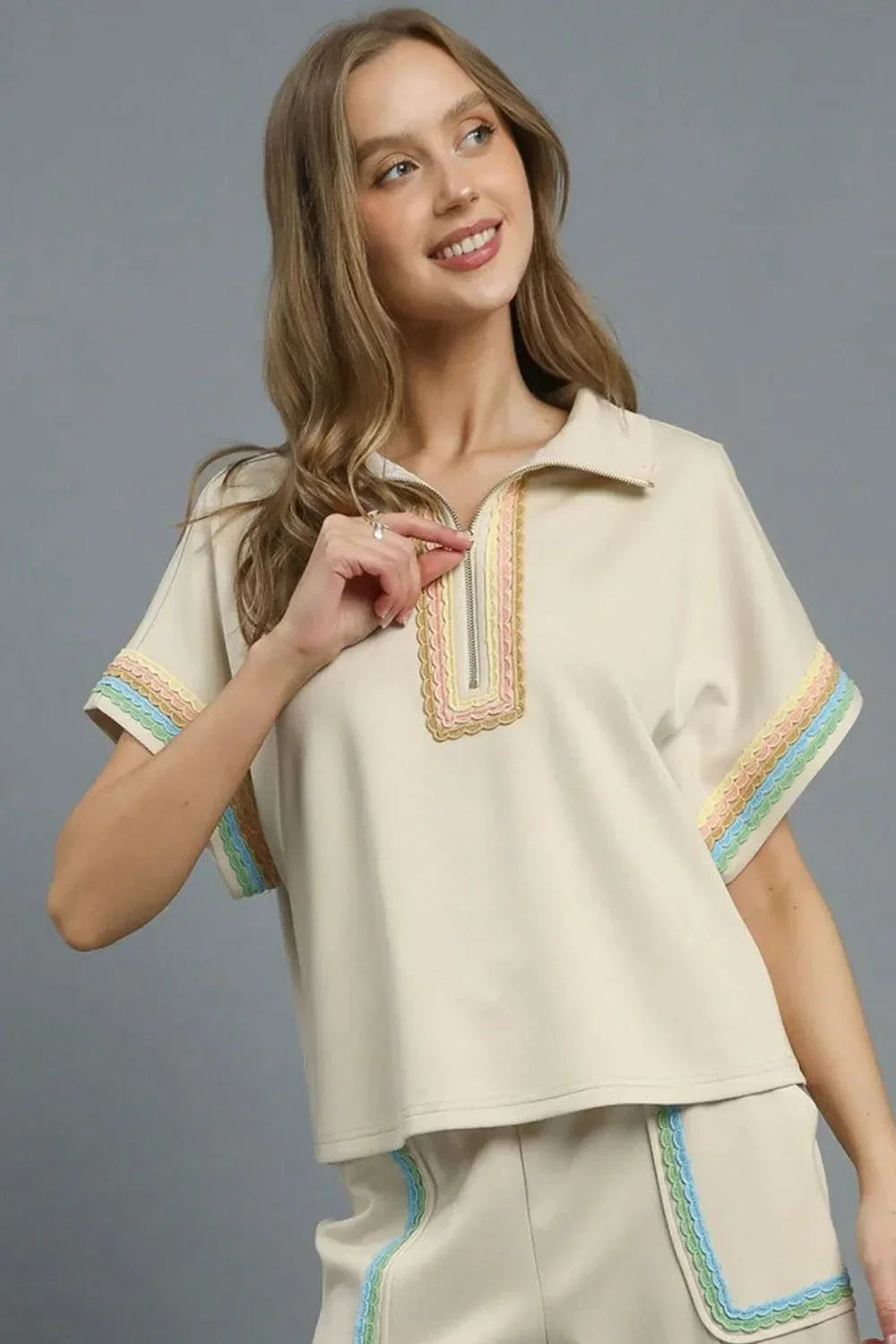 Umgee Contrast Trim Half Zip Collared Blouse - VILLA FASHION